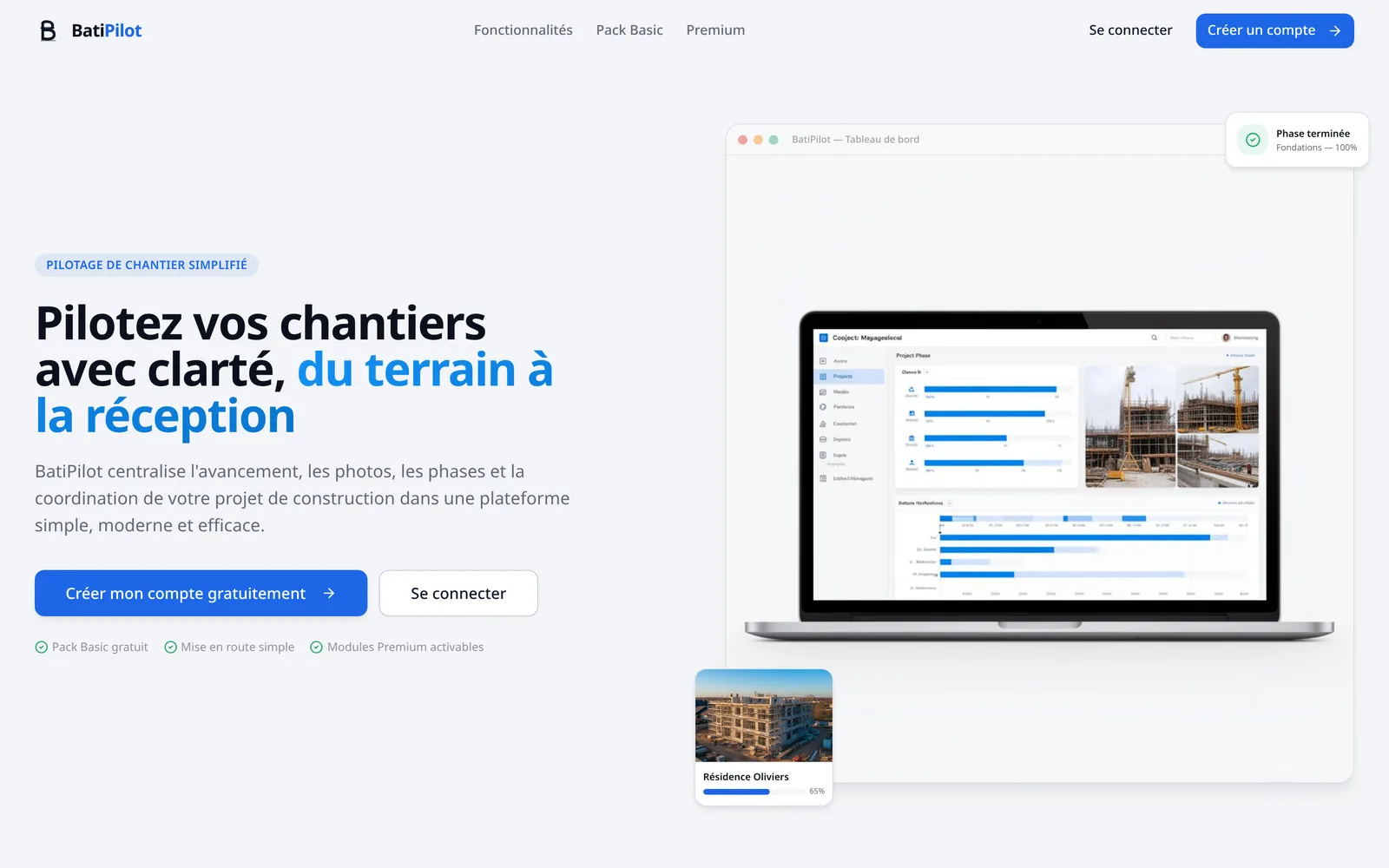 Hero de BatiPilot avec aperçu du tableau de bord de chantier