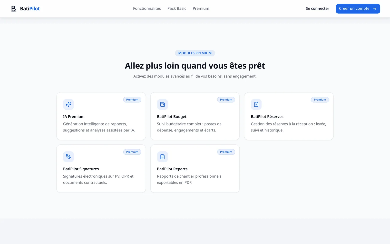 Section des modules Premium de BatiPilot