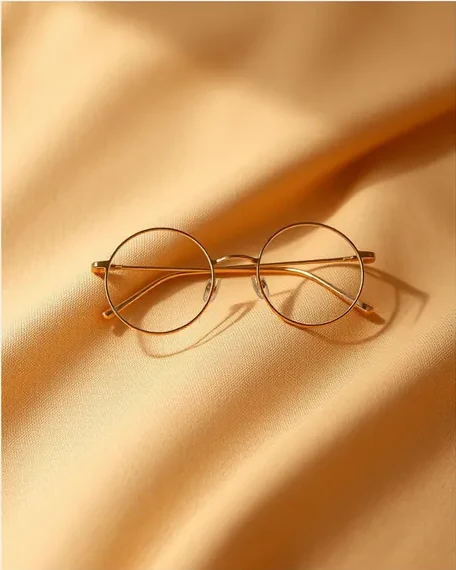 Monture ronde en titane doré sur un tissu ocre