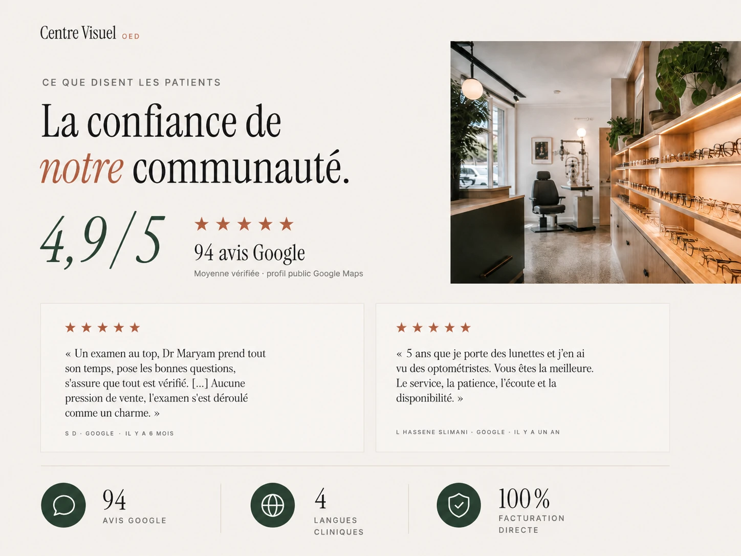 Planche éditoriale confiance : note de 4,9 sur 5 pour 94 avis Google et témoignages de patients