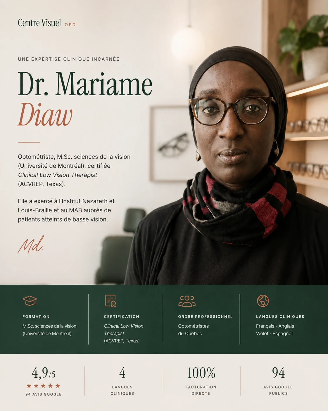 Planche éditoriale « Une expertise clinique incarnée » : portrait de la Dre Mariame Diaw, formation M.Sc. sciences de la vision, certification Clinical Low Vision Therapist, quatre langues cliniques et note de 4,9 sur 5 pour 94 avis Google