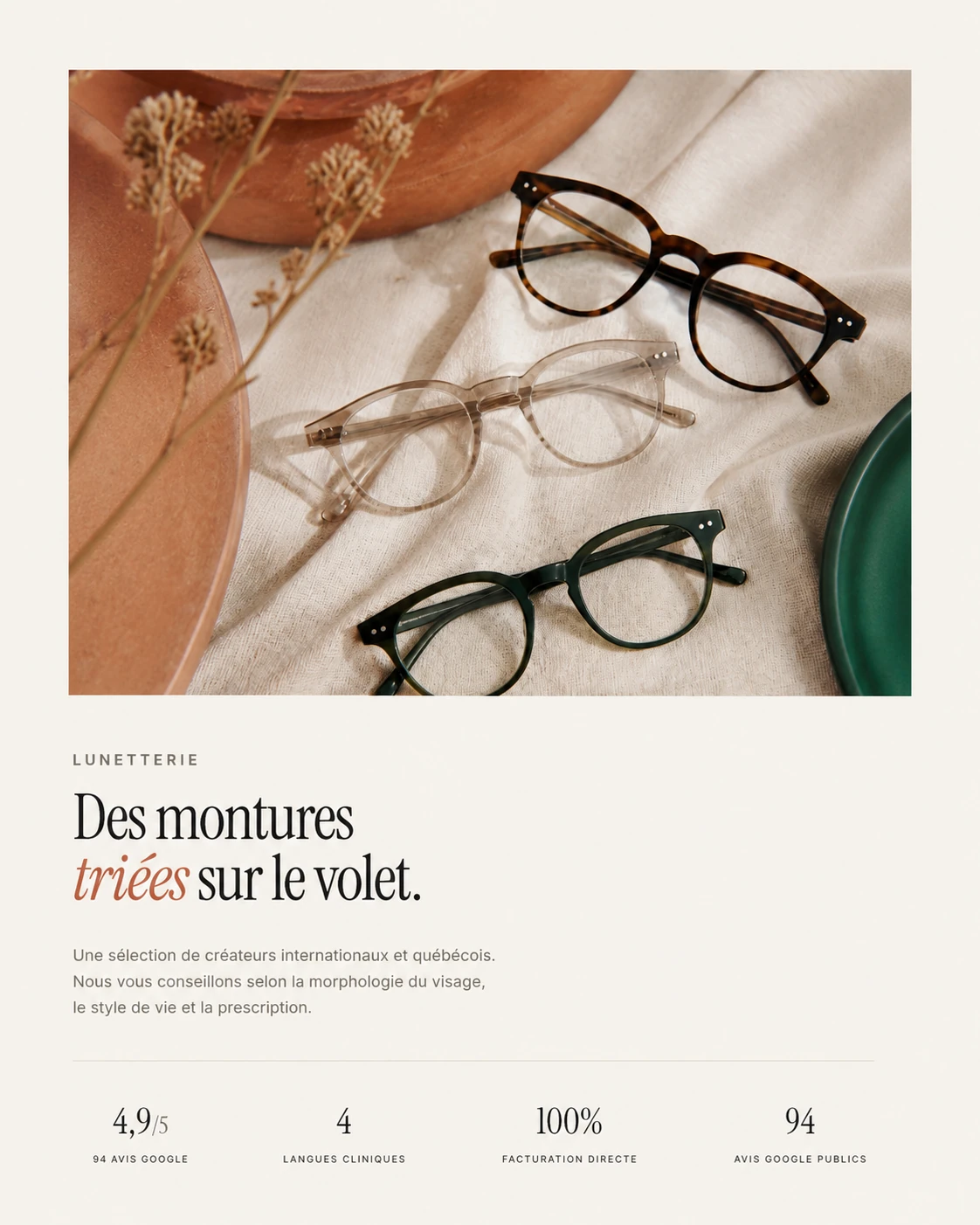 Planche éditoriale lunetterie du Centre Visuel OED : sélection de montures de créateurs et conseil en boutique