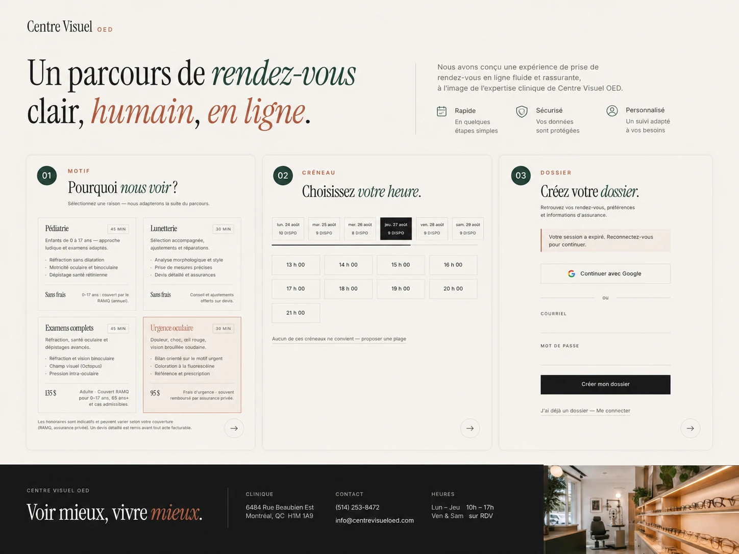 Planche éditoriale parcours de prise de rendez-vous en ligne du Centre Visuel OED
