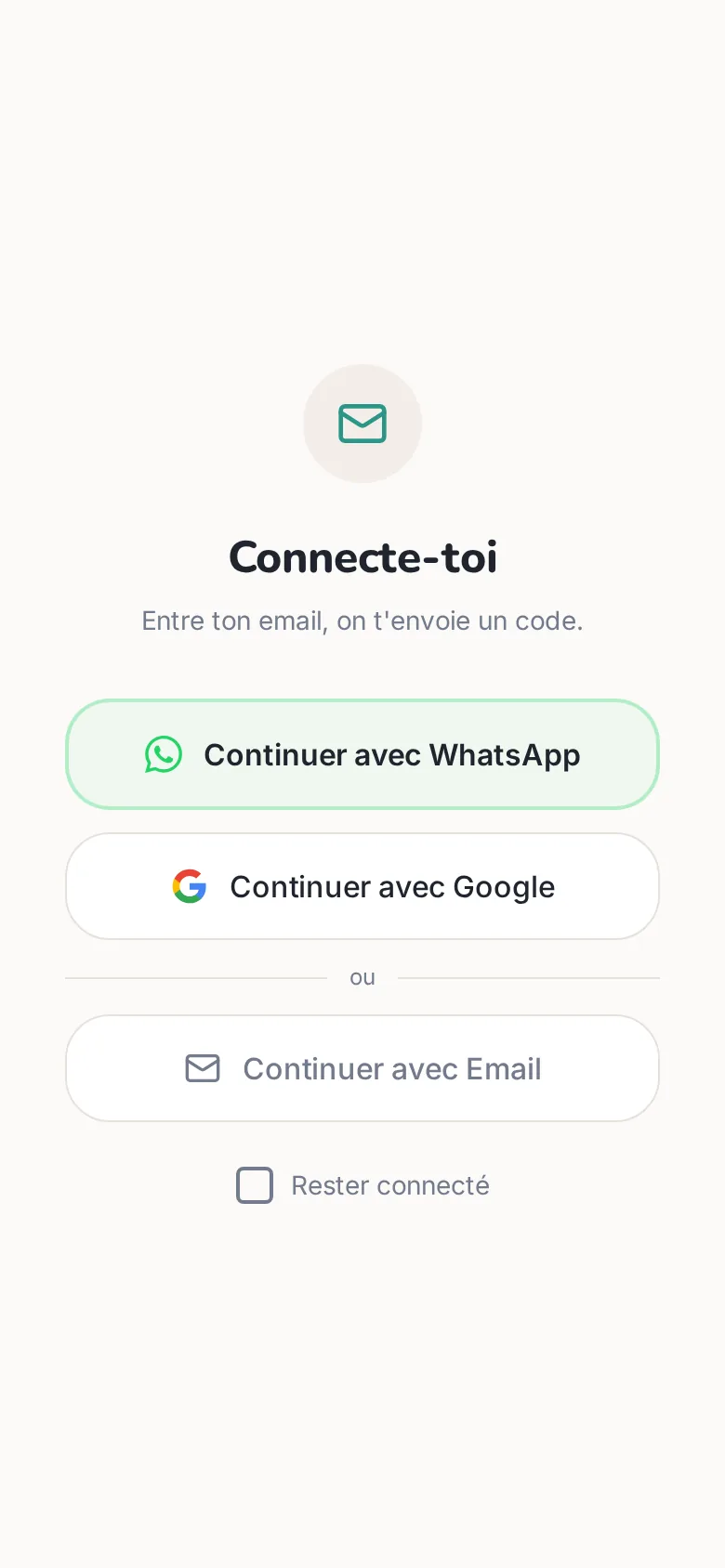 Écran de connexion CVboost avec WhatsApp, Google et email