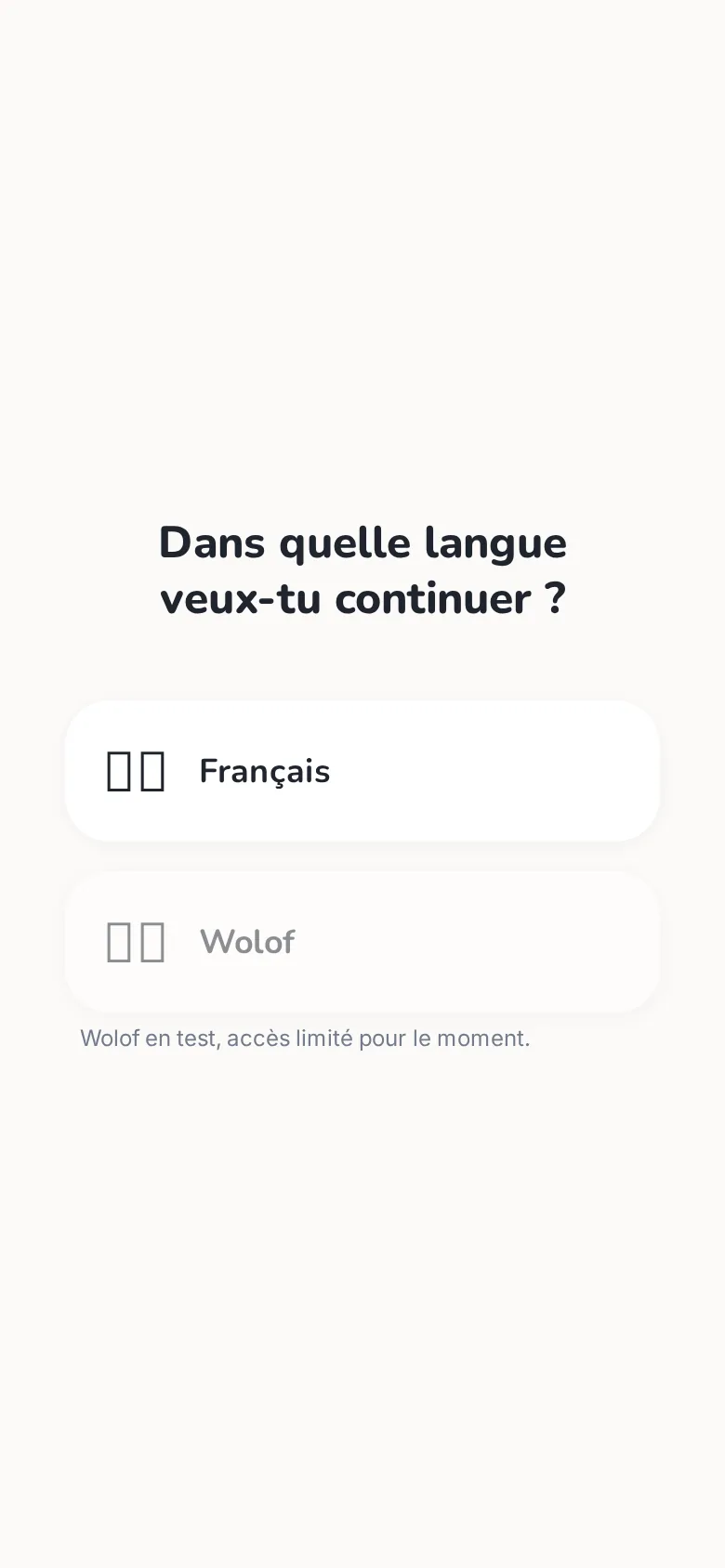 Écran de choix de langue CVboost : français ou wolof